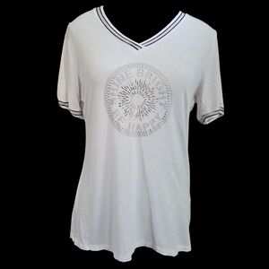 Frank Lyman Design White V-Neck Tee with Black Trim And Beaded Saying Size 8